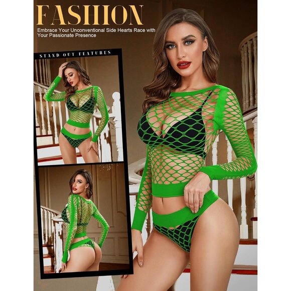 🆕 Women Green Sexy Mesh Lingerie Fishnet Babydoll Long Sleeve Bodysuit Shirts - Picture 4 of 5